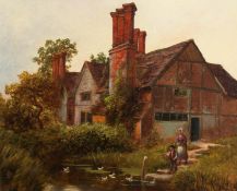 Charles Collins (1851-1921) British. Figures Feeding Ducks outside a Country House, Oil on Canvas,