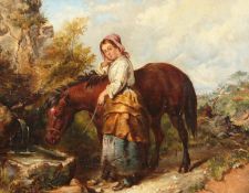 Attributed to Edward Robert Smythe (1810-1899) British. A Young Woman Watering her Pony from a