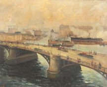 Knud Petersen-Svensberg (1889-1971) Danish, 'Le Pont Boieldieu a Rouen', with figures on a bridge,
