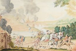 19th Century Continental School. Fleeing from the Soldiers with a Burning Village beyond,