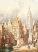 Henry Schafer (1854-1915) British. 'Bambero Bavaria' Figures by a Canal with a Cathedral in the