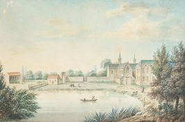 19th Century European School. A Classical House with Figures Boating, Watercolour. 10.5