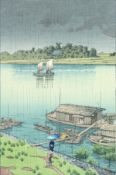 Kawase Bunjiro Hasui (1883-1957) Japanese. 'Early Summer Rain, Arakawa', Woodcut with Stamp,
