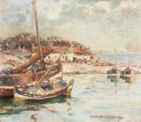 Gertrude Mary Coventry (1886-1964) Scottish. A Continental Coastal Scene with Boats and Figures