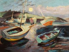 Phyllis Bray (1911-1991) British. Boats in a Cave at Moonlight with a Propeller Airplane Flying