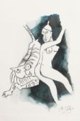 M.F. Husain (1915-2011) Indian, also known as Maqbool Fida Husain. Female Figure with a Tiger,