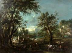 Attributed to Alessandro Magnasco (1667-1749) Genoan School. A Scene of Villagers and Cattle in a