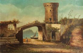 19th Century Continental School. A Scene of Ramparts at a Mediterranean Port, Oil on Canvas,