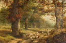19th Century School. A Shepherd and his Flock on a Tree-Lined Country Path, Oil on Canvas. 8