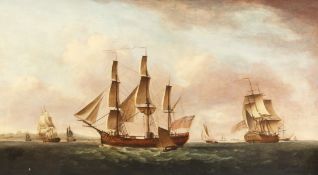 Attributed to Francis Holman (1729-1784) British. The Columbus in Three Positions off the Coast with