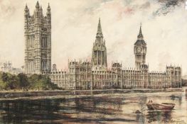 20th Century British School. A View of the Houses of Parliament, Pastel and Watercolour, Signed