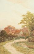 George Oyston (1861-1937) British. Figure in a Pathway before Cottages, Watercolour, Signed and