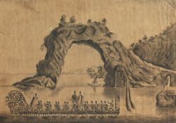 Early 19th Century, New Zealand & Australian Drawing. Figures in a Canoe with a Wallaby on the Shore