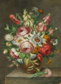 19th Century European School. A Still Life of Mixed Flowers, Oil on Copper. 7.5