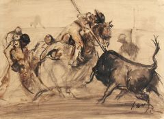 Early 20th Century Spanish School. A Bullfighting Scene, Pencil and Ink, Indistinctly Initialled.