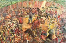 Derek Higginson (1930-2020) British. 'The Sad Clown', a Circus Scene, Oil on Canvas, Signed. 24