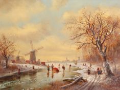 Franz Albert (b.1883). Skaters on a Frozen Waterway with Windmills and a Town beyond, Oil on
