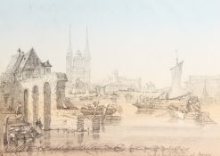 19th Century School. 'Market Boats arriving at Angers', Pencil & Watercolour, Indistinctly Signed,