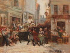 19th Century French School. A Scene of a Prisoner being Carted through a Crowded Street, Oil on