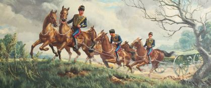 Frank Currie. Soldiers on Horseback Riding through a Landscape, Oil on Board, Signed, Inscribed