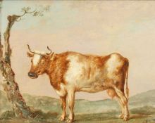 Manner of Paulus Potter. A Cow Standing in a Landscape by a Tree, Oil on Panel, Wax Seal Verso. 7.5