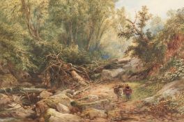 David Hall McKewan (1816-1873) British. Figure with a Donkey Gathering Wood in a Riverside Glade,