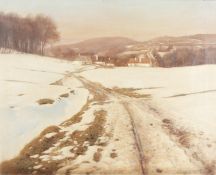 Fukuka? Path through Snow with Houses and Hills beyond, possibly a Scandinavian Scene, Oil on