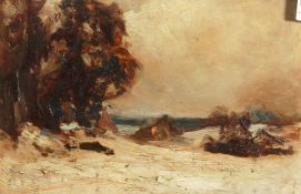 20th Century School. A Winter Landscape with Trees and Distant Hills, Oil on Board. 8