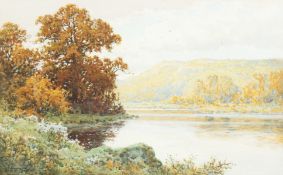 Arthur Suker (1857-1902) British. A River Landscape with Hills beyond, Watercolour, Signed. 12