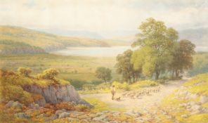 Samuel Henry Baker (1824-1909) British. A Shepherd and his Flock on a Country Road with a Lake and