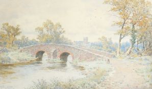 Suker (1857-1902) British. View of a Stone Bridge over a River with a Church beyond, Watercolour,
