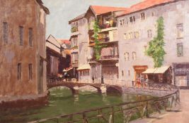 S. Miller (20th Century). Boat on a Venetian Canal, Oil on Canvas, Signed. 20