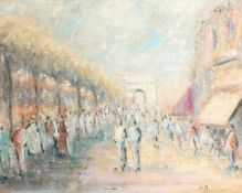 Paul Beauvais. Figures on a Crowded Boulevard, an Arch in the distance, Oil on Canvas laid onto
