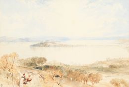 Myles Birket Foster (1825-1899) British, An Alpine Lake View with figures in the foreground,