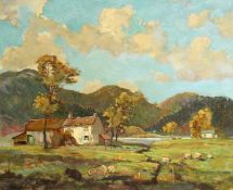 Jack Cross (20th Century) British. Sheep and Farm Buildings with Hills beyond, Oil on Board, Signed.