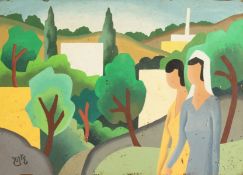 20th Century, Two Female Figures Walking in a Landscape, Gouache, Signed in Hebrew, an Inscription