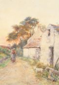 Henry John Yeend King (1855-1924) British. A Figure Carrying Water by Farm Buildings, Watercolour,