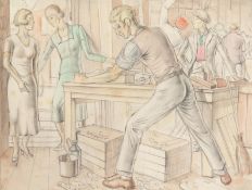 Modern British. Figures in a Carpenter's Workshop, Inscribed 'Scott' on the Support, Watercolour and