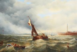 Dutch School (20th Century). A Fishing Boat and a Barge approaching a Harbour in Rough Seas, Oil