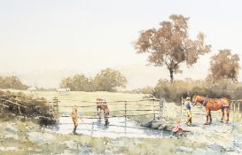 Thompson, British. 'At the End of the Day', A Scene with Figures and Horses, Watercolour, Signed.