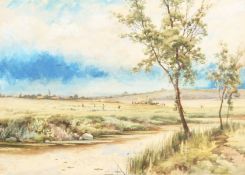 Charles Frederick Allbon (1856-1926) British. River Landscape with Figures Harvesting beyond,