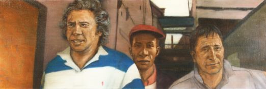 Ray Richardson (b.1964). 'Barrowboys' 2011, Three Male Figures, Oil on Canvas, Signed Verso and