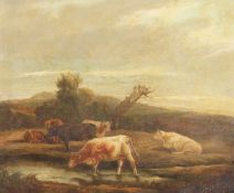 Nineteenth Century English School, Cattle Watering in a Landscape, Oil on Mahogany Panel, Bears