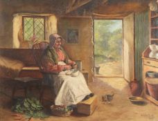 Claude Pratt (1860-1935) British. Cottage Interior with a Lady Peeling Apples, Oil on Canvas, Signed