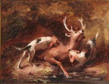 Charles Mezzara (19th Century) French. A Study of Two Dogs bringing down a Deer, Oil on Canvas