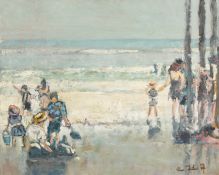 Ross Foster (20th/21st Century). Figures on a Beach with Waves Breaking beyond, Oil on Canvas,