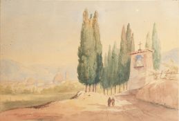 Italian School (19th Century). Figures by a Wayside Cross with a Town beyond, Watercolour. 8