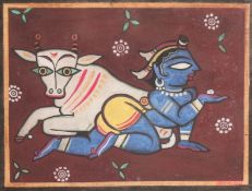 Jamini Roy (1887-1972) Indian. Blue Figure with Cow, Gouache on Board, Signed, 13.5
