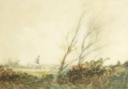 William Tatton Winter (1855-1928) British. Shepherd and his Flock in a Windswept Landscape,