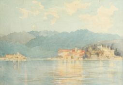 19th Century Continental School. A Coastal Scene with a Town and Mountains. 9
